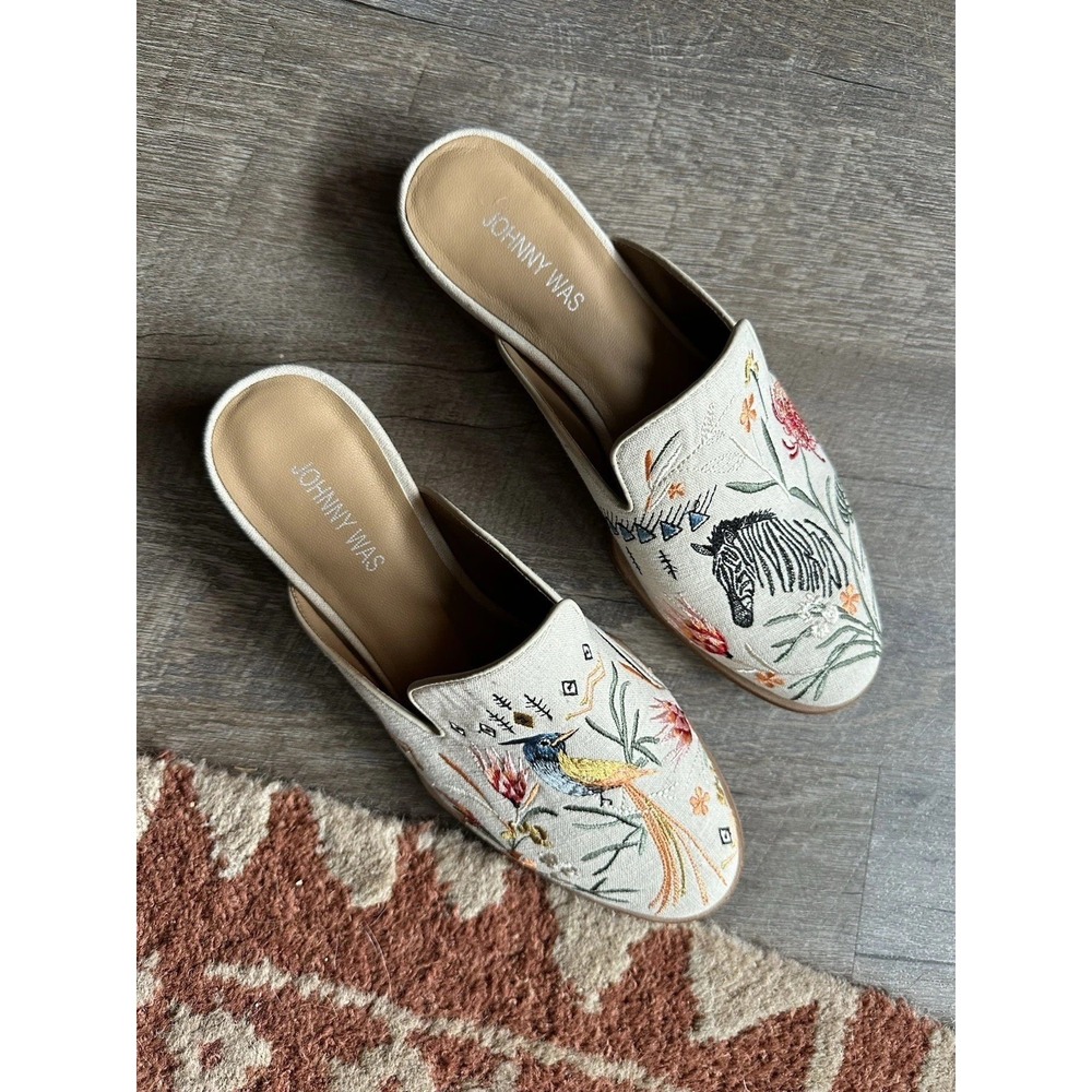 Johnny Was‎ Embroidered  Zebra Tropical Bird Slip On Watipaso Mules Flats 8.5